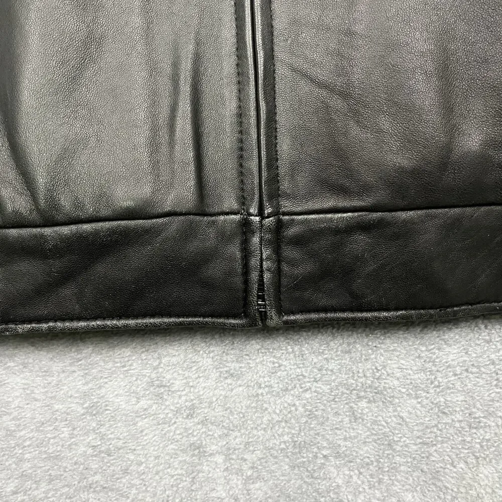 Vintage Men's Tommy Hilfiger Black Leather Bomber Jacket Zip Front Lined XL